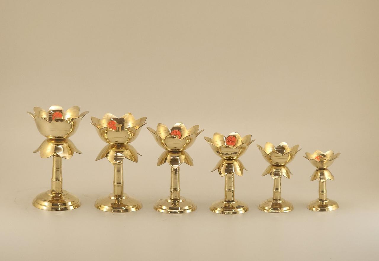 Premium Lotus Brass Diya Stand Collection – Tall Design (Set of 6)