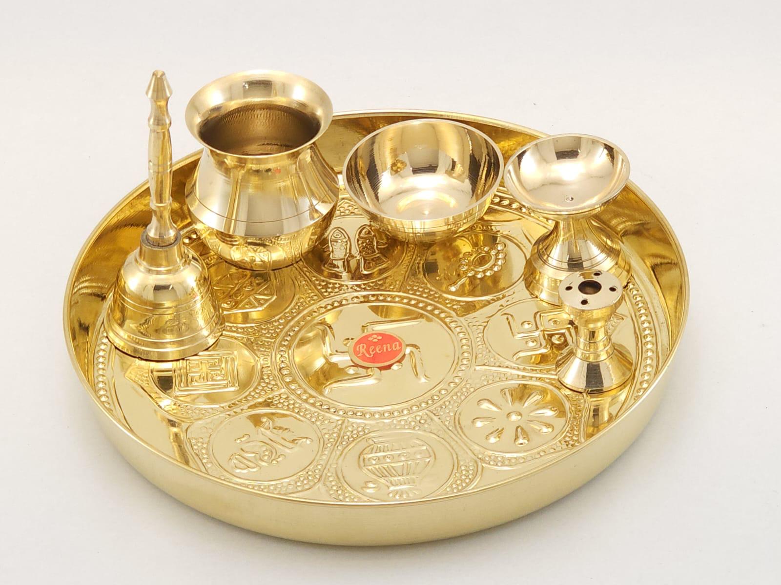 Premium Brass Pooja Thali Set – Floral Engraved (5 Pieces)
