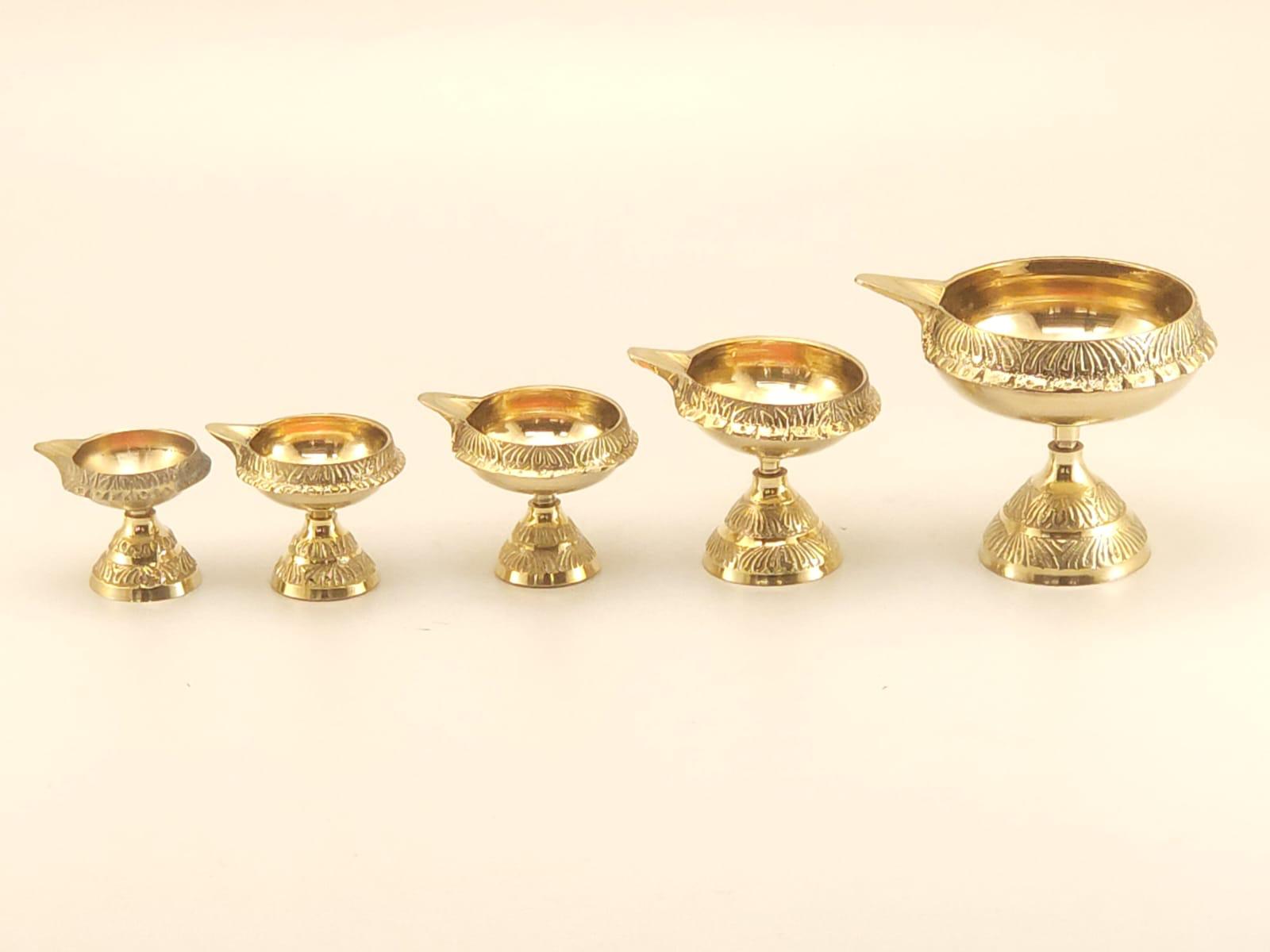 Engraved Brass Aarti Diya with Spout – Multi Size Set