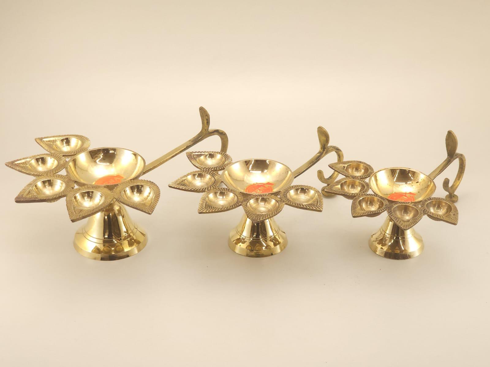 Handcrafted Brass Floral Aarti Diya Set