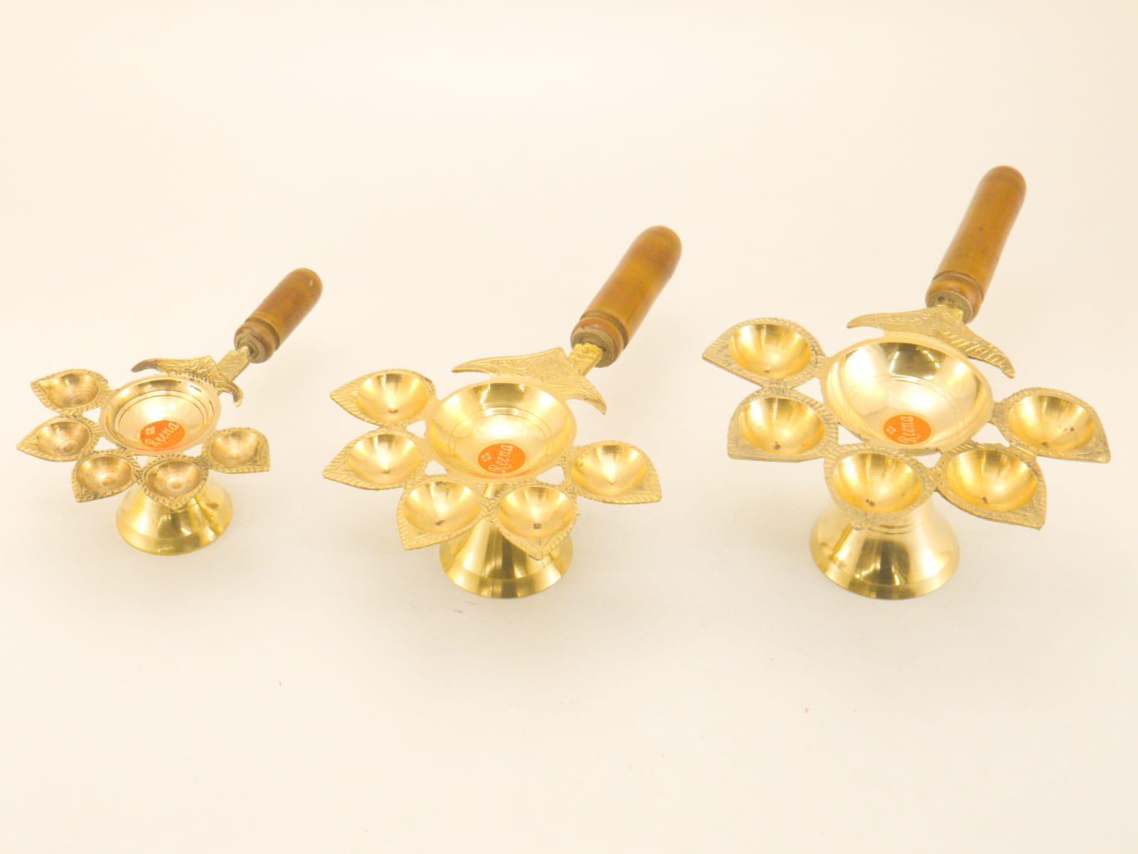 Premium Brass 7-Wick Aarti Diya with Wooden Handle