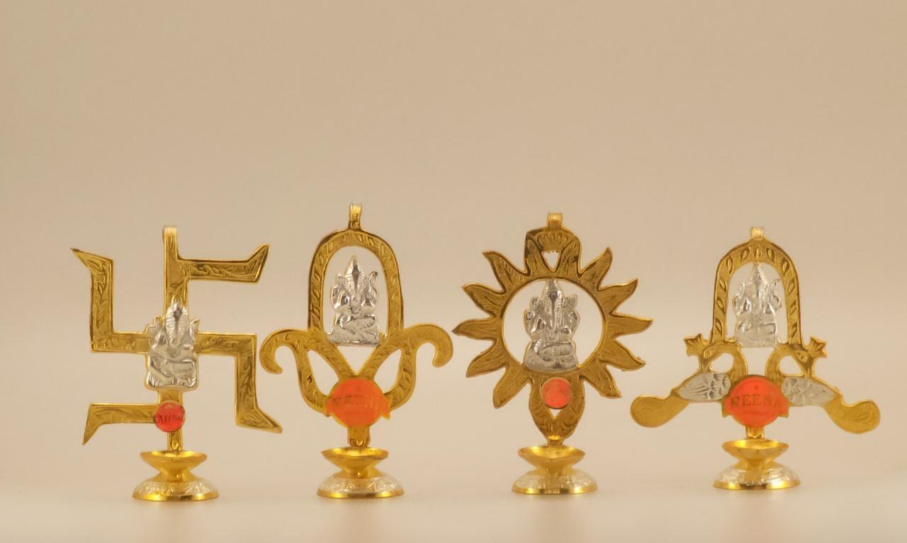 Sacred Brass Ganesh Diya Set – 4 Auspicious Hindu Symbols