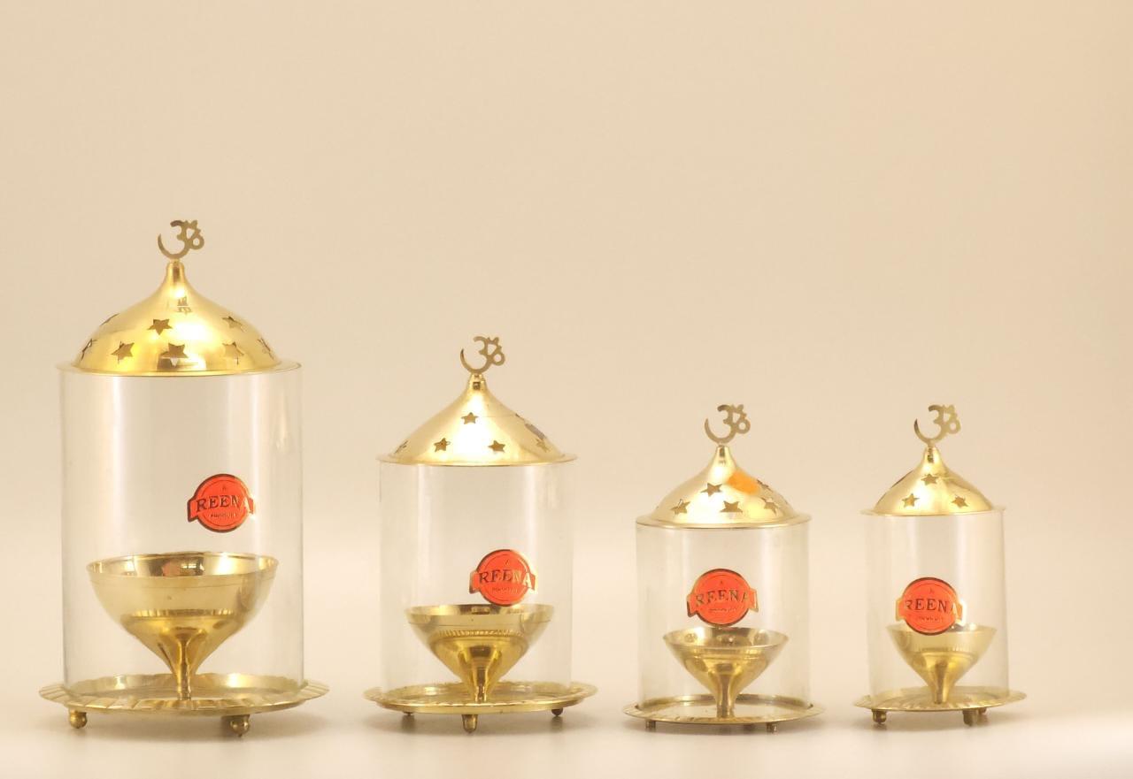 Premium Akhand Diya with Glass Cover & OM Finial – Brass & Glass Set