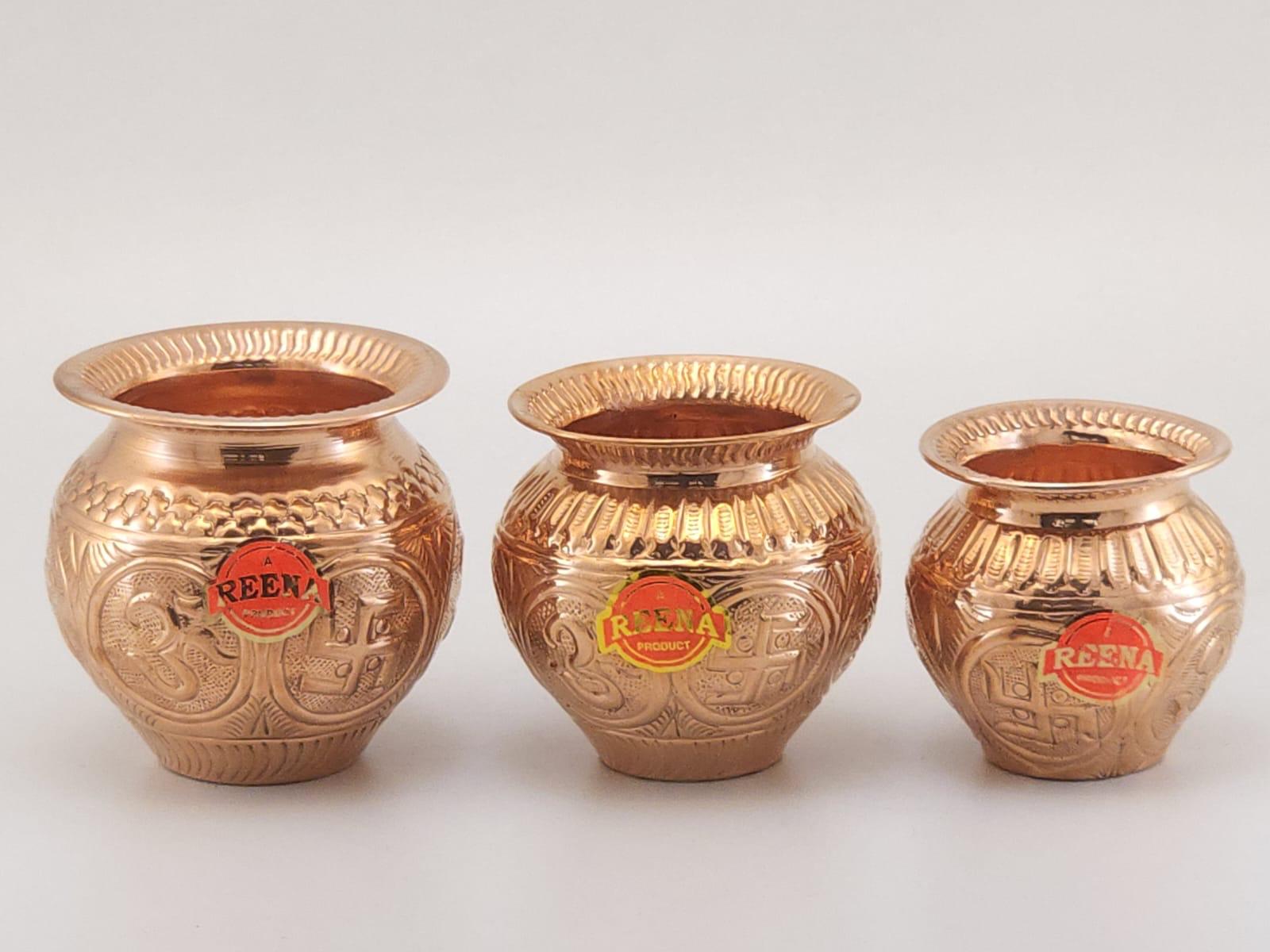 Pure Copper Embossed Pooja Kalash – Set of 3 (Small, Medium & Large)
