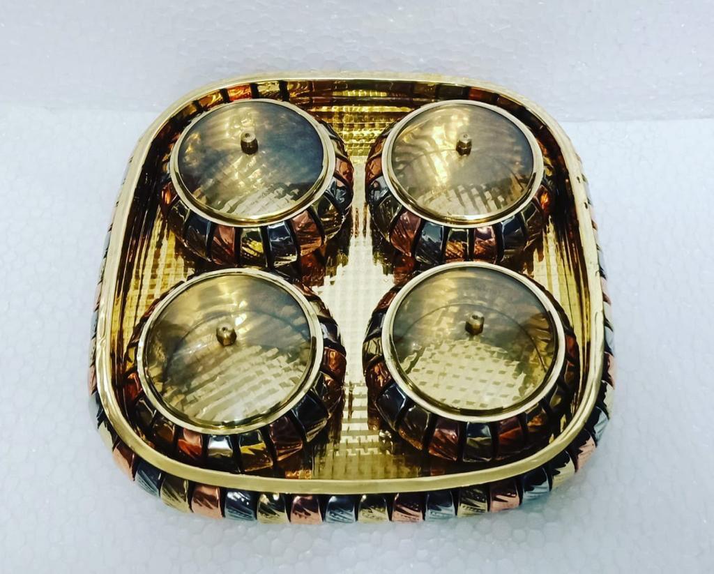 Luxury Handcrafted Brass Serving Tray with 4 Covered Bowls
