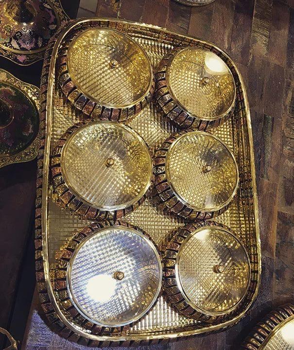 Royal Handcrafted Brass Serving Tray with 6 Covered Bowls