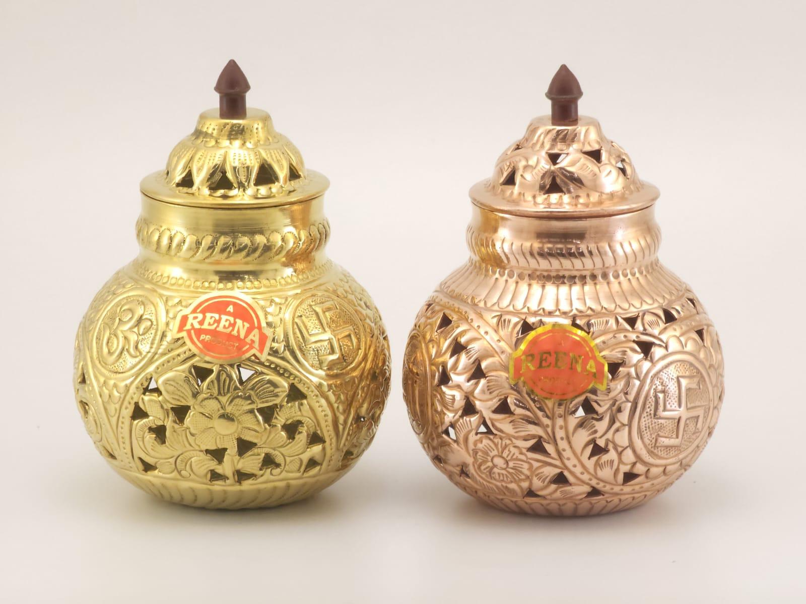 Carved Brass & Copper Akhand Diya Jar (Pair)