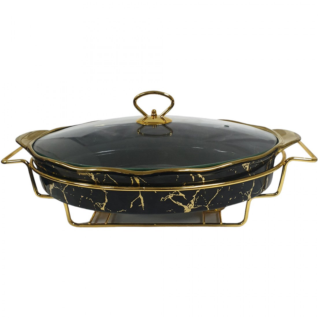 15 INCH OVAL PORCELAIN CASSEROLE WITH GLASS LID AND STAND BLACK & GOLD PRINT IN GIFT BOX