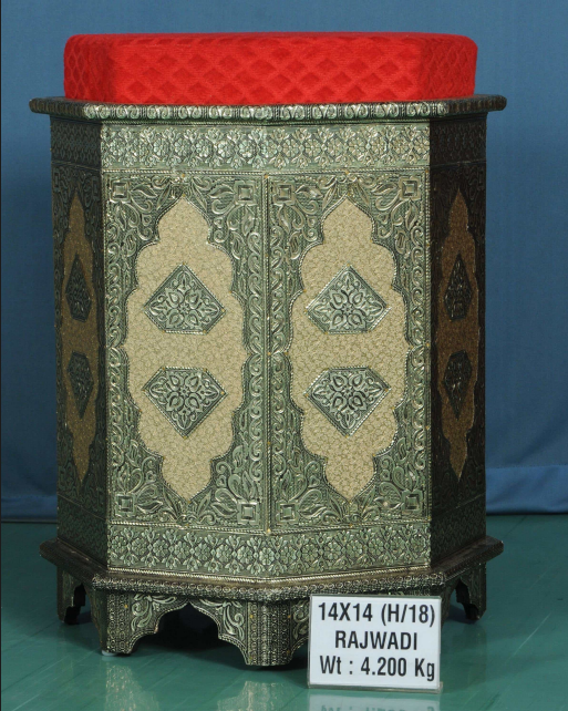 Rajwadi Silver Oxidized Stool with Red Cushioned Seat