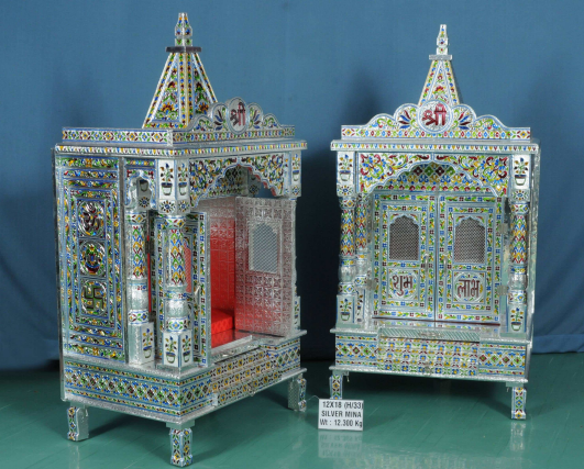 Handcrafted Silver Mina Mandir with Pillar Design