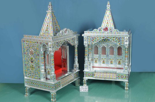 Premium Silver Mina Work Mandir with Multi-Panel Design