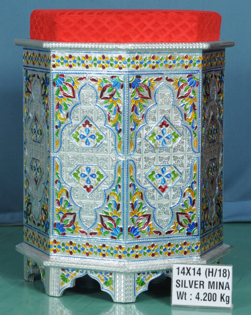 Silver Mina Finish Designer Pooja Stool with Cushion