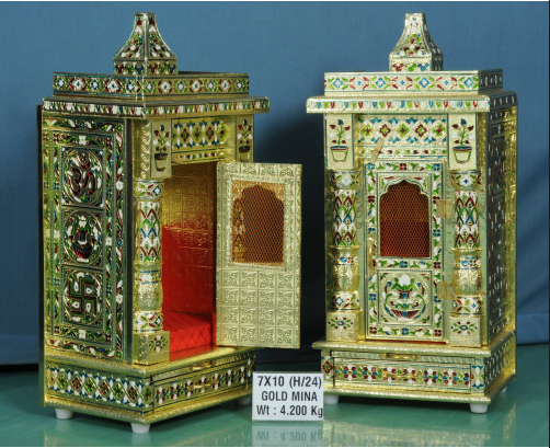 Gold Mina Finish Mandir with Decorative Door Panel