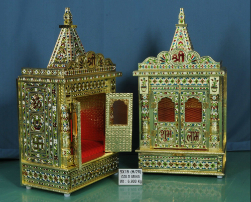 Gold Mina Finish Double Door Mandir with Ornate Carving