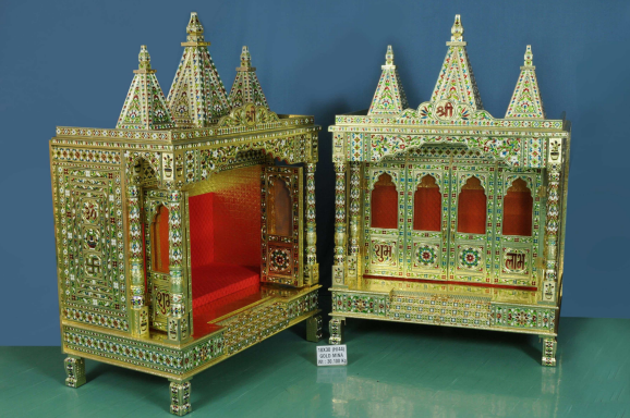 Designer Gold Mina Finish Mandir with Raised Platform